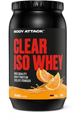 Body Attack CLEAR ISO WHEY - Orange Flavour - 900g - Made in Germany - Erfrischendes, klares Whey Protein Isolat - 24 g Protein und 11.400 mg EAAs* pro Iso Whey Shake, zucker-& fettfrei