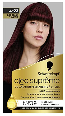 Schwarzkopf – Oleo Suprême – Coloration Permanente à l’Huile – Couleur et Eclat Longue Durée – sans Ammoniaque – Couvre 100% des Cheveux Blancs – HaptIQ Système – Bordeaux Velours 4-23