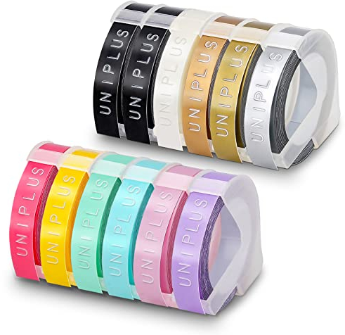 UniPlus Kompatible Omega Etikettenband Ersatz für Dymo Prägebänder S0717930 S0717900 9 mm x 3 m Selbstklebendes 3D-Etikettenband für Dymo Omega Junior Motex E-101 E-303 Etikettendrucker, 12 Rollen