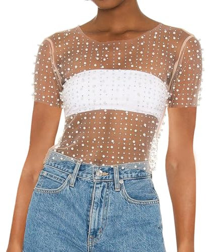 Naileksi Women Pearl Rhinestone Sheer Mesh Crop Tee Top Sexy See Through Short Sleeve Slim Fit Crop T-Shirt Club Summer(L,Nude)