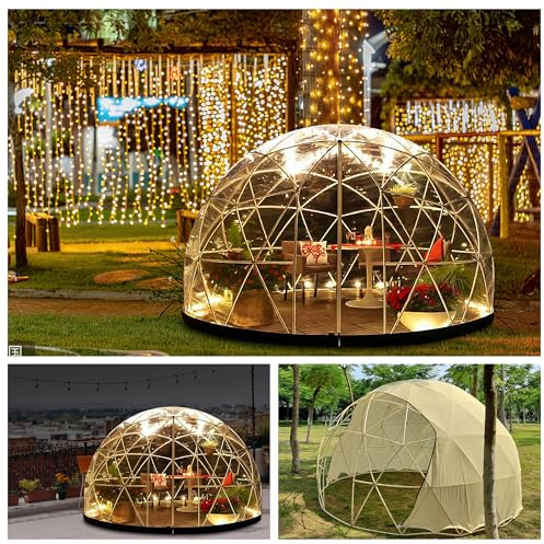 Serra da giardino a cupola igloo, 3,7 x 2,2 m, in PVC, resistente, tenda a bolle con 2 corde luminose da 10 m, trasparente, per esterni, feste (con copertura parasole)