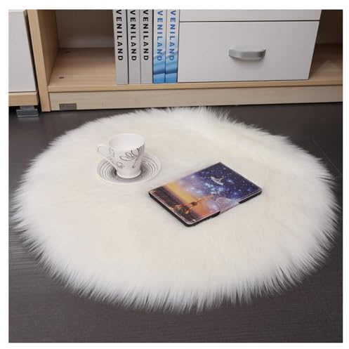 Hrlace Lammfell Schaffell Teppich Rund Kunstfell Teppich Waschbar Weich Fellteppich Flauschiger Longhair Stuhlauflage Nachahmung Wolle Bettvorleger Sofa Matte für Heimdekoration Weiß 40 * 40cm