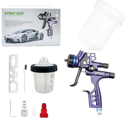 HVLP Air Spray Gun with 1.3mm Stainless Steels Nozzles & 600CC PE Material Cup, Air Spray Paint Gun w/1pcs 600cc Mixing Cup and Lids, Automotive Paint Sprayer for Car, House Painting, Furniture