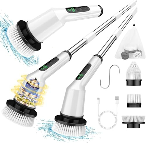 Electric Spin Scrubber,Cordless Shower Cleaning Brush IPX7 Waterproof with 3 Replaceable Brush Heads, Adjustable Extension Handle and Power Dual Speed,Power Scrubber for Bathroom Tub Tile Floor Car