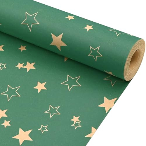 43cm x 15m Green Star Pattern Wrapping Paper Roll, Kraft Gift Wrap for Birthday, Father’s Day & Christmas