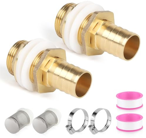 SWAWIS 2 Stück Regentonnendurchführung Tankdurchführung 3/4 IG 1 AG + Schlauchtülle 25mm Regentonnenanschluss mit Dichtungen Filter Faßverschraubung Messing Tankdurchführung für Regenfass