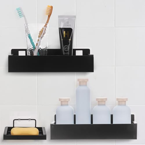 JIZZU Estanteria Baño, 3Pcs (3 Tamaños) de Estanteria Ducha sin Taladro Resistentes al Agua y la Humedad, Accesorios Baño Incluye Repisa de Ducha y Jabonera con Diseño Ahuecado en la Parte Inferior