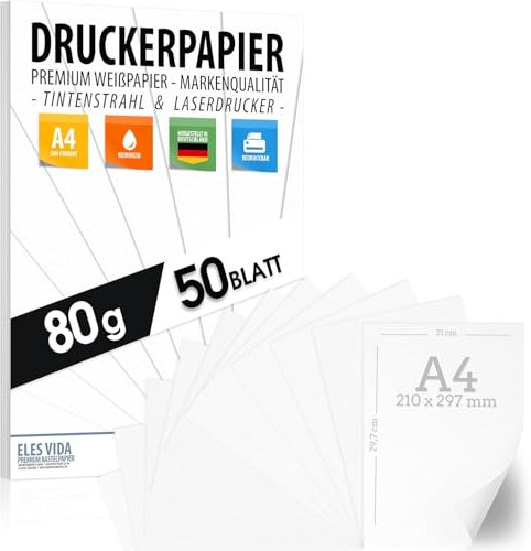 Druckerpapier A4 80g weiß – 50 Blatt - PREMIUM PAPIER Reinweiß - DIN A4-21 x 29,7 cm - Kopierpapier, Laserdrucker & Tintenstrahl für Uni, Fotografie, Präsentationen Ideal für Büro & Office - 50 BLATT