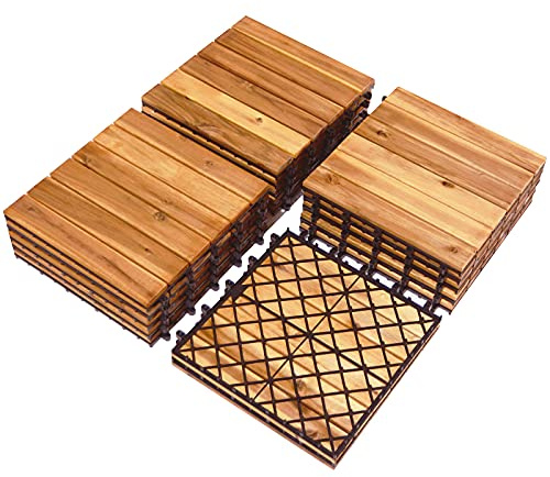 LIFEZEAL Losas de Madera de Acacia 27 Piezas, 30 x 30 CM, Azulejo de Suelo para Interior y Exterior, Impermeable, Rejilla de Madera para Terraza, Balcón, Salón (Modelo 1)