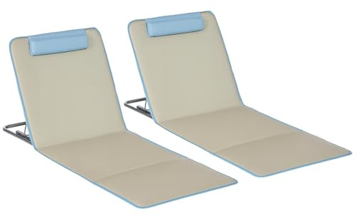 Outsunny Set 2 Sdraio da Spiaggia con Schienale Regolabile su 5 Livelli, Poggiatesta e Borsa da Viaggio, Lettini Spiaggia Pieghevoli in Acciaio e PE, 124x53x35-45 cm, Beige e Azzurro
