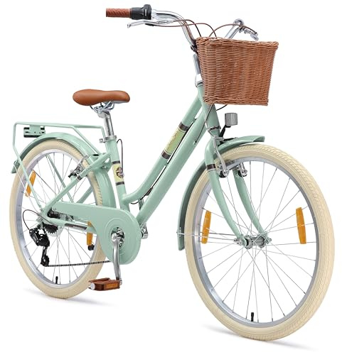 BIKESTAR Vélo pour Enfants en Aluminium à partir de 9-10 Ans | Vélo rétro de Ville 24 Pouces, 7 Vitesses, Panier, Frein en V, vélo hollandais | Menthe