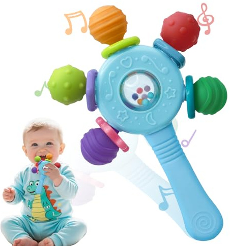 Teething Toys for Baby, Sensory Baby Toys 0-6 Months, Teethers for Babies 3-6 Month Birthday, Newborn Babies Rattles with Shake/Spin, Boys Girls Christmas Gifts for 3 4 5 6 Month (Blue)