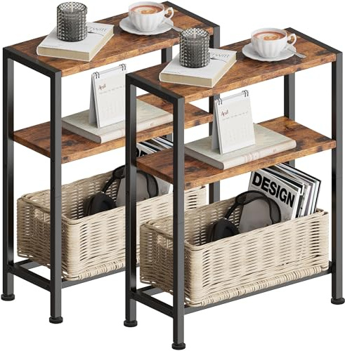 Vantimo Meuble d'appoint étroit,2 Petite Table Bois Chevet à 3 étagères étroite avec Espace de Rangement pour canapé espaces réduits Salon Chambre Cuisine Balcon