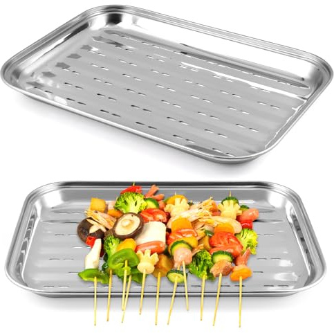 2 Stück BBQ Grillschalen, 34,9 X 24,5 X 2,7cm Grillschale Edelstahl, Grillschale Wiederverwendbar, Rechteckiger Grillschale für Gemüse Fisch oder Fleisch für Gas-, Elektro- und Holzkohlegrill