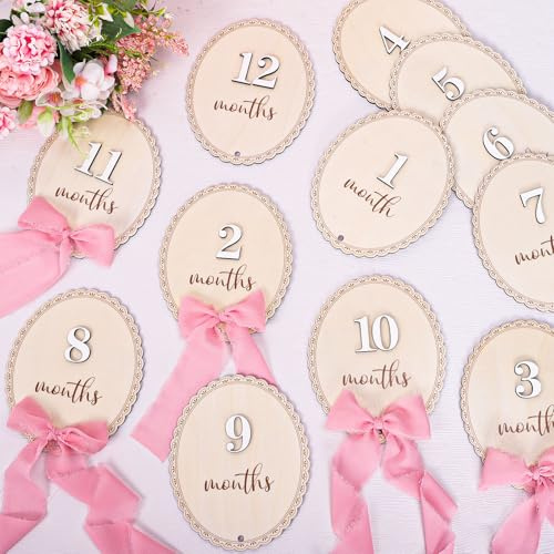 FYSUIMU 12 st baby månatliga milstolpe-kort med rosa band rosett trä markörskivor månad tillkännagivande skylt för graviditet nyfödd bebis tillväxt foto rekvisita dekor tillbehör