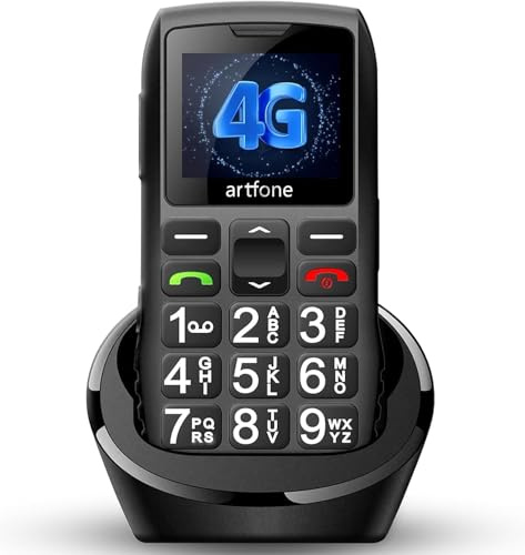 artfone C1+4G Noir - Volte Téléphone Senior Portable Débloqué avec Grandes Touches丨Bouton SOS丨un Volume élevé丨Lampe Torche et Station de Charge丨Radio FM丨Batterie 1800 mAh丨Bluetooth丨écran 1,8''丨USB-C