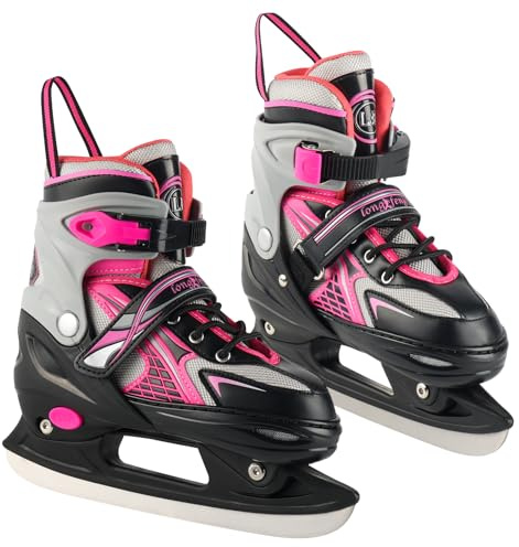 Adjustable Ice Skates for Kids Boys & Girls, 4 Sizes Adjustable, Warm & Comfortable Lining for Beginners-Ages 3-12, Outdoor & Ice Rink Skating Shoes (Pink, Large (5-8 US))