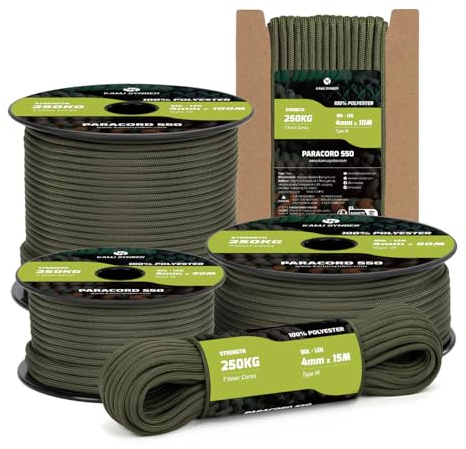 Paracord 550 Typ III 4mm 15m 7 Trådar 100% Polyester Rep | Stöd 250kg(550lbs), Durable, UV Resistant, MIL-SPEC, Armband, Camping, Utomhus, Överlevnads