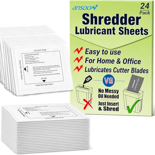 Ansoon 24 Pack Paper Shredder Lubricant Sheets, Paper Shredder Sharpening & Lubricating Sheets, Reduce Jams and Static – Used for Paper Shredders for Home and Office