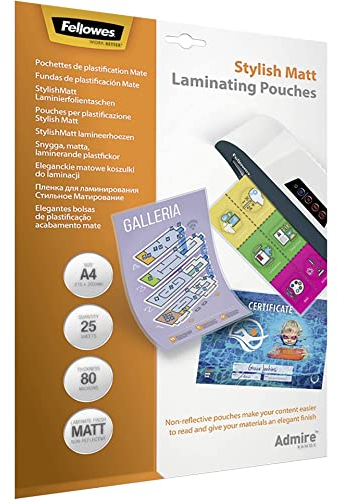 Fellowes matte Laminierfolien A4 Admire Stylish Matt, entspiegelt, 80 Mikron (2 x 80mic), 25 Stück