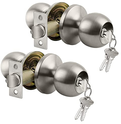 BESTTEN [2 Pack] Entry Door Knob with Lock, Keyed Different Door Lock for Exterior Door and Front Door, Standard Ball, Satin Nickel