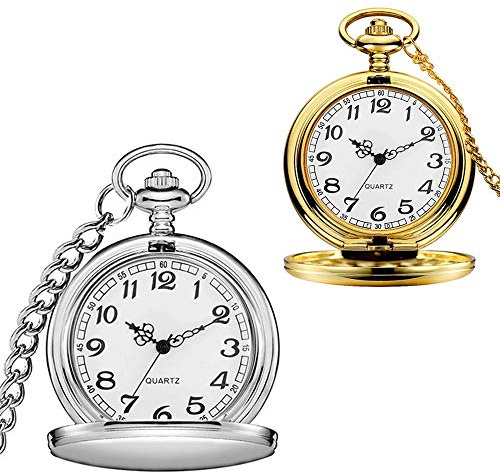 alladaga Set of 2 Classic Pocket Watch with Chain for Men and Women (Silver Gold)