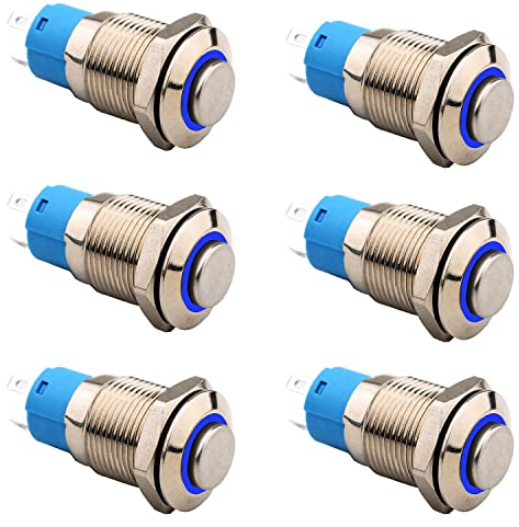 RUNCCI-YUN 6 Stücke 12mm Metall Verriegelung Druckschalter,DC 12 V / 24 V 4 Pin SPDT EIN/AUS Schalter mit Blauer LED-Licht, wasserdichte Selbsthemmende Runde Schalter (Hervorstehend)