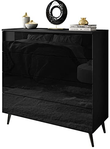 lukmebel Aura Kommode Push-to-Open-System Vier Schränke mit LED 40x95x90cm 40kg Hochglanz-Veredelung Schwarz Glänzend + Schwarze 13cm Beine