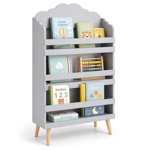 Mevsim Store Kinderregal Bücherregal Kinder – Spielzeugregal & Spielzeug Aufbewahrung – Kinderzimmer Regal Grau aus MDF Holz – Montessori Aufbewahrungsschrank für Bücher, Spielzeug & Lernmaterial