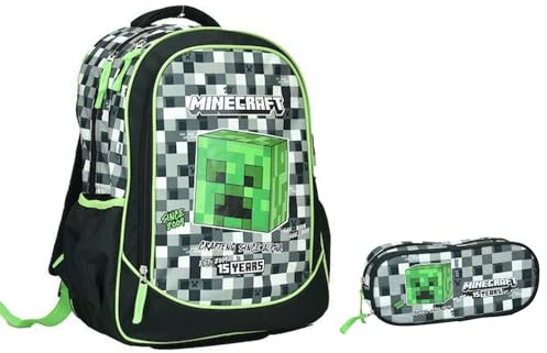 PRESTIGE & DELUXE Sac à dos scolaire compatible avec Minecraft rond 3 compartiments zip pour enfants primaire moyen + trousse ovale zip, multicolore, Taglia unica, Trolley