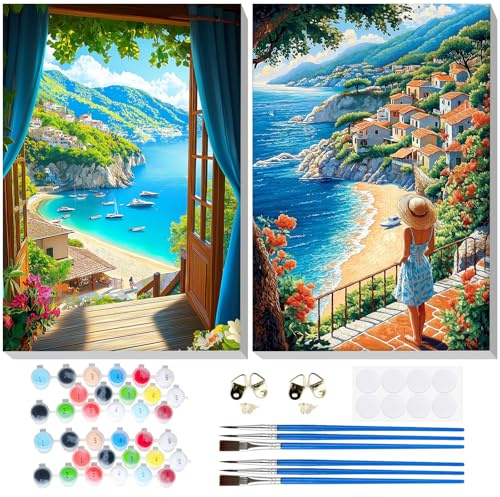 Lxmsja 2 Pack Pintar por Numeros Adultos Paisaje con Marco, DIY Cuadros para Pintar por Números, Pintar con Numeros Adultos Lienzos, Pintura Acrilica Manualidades Decoracion Hogar Pared 20x30cm