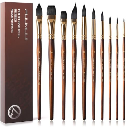 Aquarellpinsel Set - 10er Professionell Synthetisches Eichhörnchenhaar Pinselset für Aquarell,Wasserfarben | Künstlerpinsel, Filbert, Rund, Flach Pinsel | Watercolor Brushes für Hohe Absorption