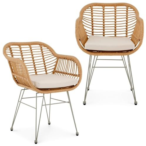 IDIMEX Lot de 2 chaises de Jardin Paramo, Imitation rotin Brun et Beige Fauteuil d'extérieur pour terrasse ou Balcon résistant aux UV, 4 Pieds en métal Anti-Rouille et Coussin d'assise Blanc