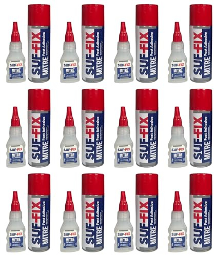 SUF-FIX 12x Mitre Adhesive Spray and Gel Two-Unit Kit | 50g Adhesive 200ml Activator Spray Instant Gluing | Fast Adhesives Kit for Wood, Glass, Plastic, Leather, Metals (Clear, Pack of 12)