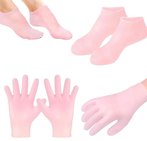 2 Pairs Silicone Moisturizing Gloves Socks Set,Reusable Moisturiser Socks Gloves for Women,Women Spa Pedicure Sock Glove for Softening Repairing Dry Feet Hand Cracked Skin,Pink
