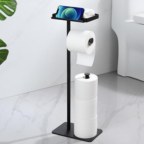 Toilet Roll Holder Free Standing with Shelf & Phone Holder, Holds 4 Rolls | Freestanding toilet roll holder with shelf, integrated phone holder, space for four rolls and a stable weighted base