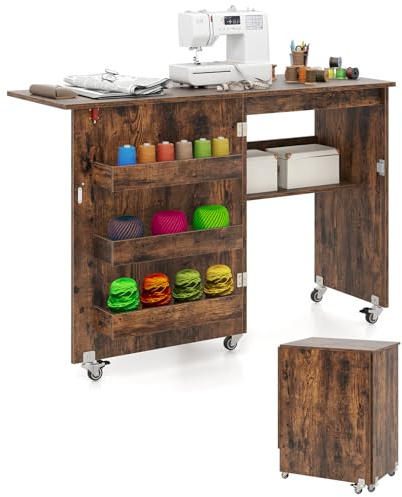 COSTWAY 2 in 1 Nähtisch klappbar, Nähmaschinenschrank aus Holz mit Regalen & Ablagefach, Nähschrank mit abschließbaren Rädern, Nähmaschinentisch Basteltisch für Wohnzimmer, Schlafzimmer (Braun)