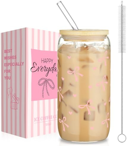 AOOTE Bicchiere In Vetro Da 16 Oz, 500ml Bicchieri con coperchio e Cannuccia, Papillon Bicchiere Vetro, con Spazzole Bicchieri, per Acqua, Cocktail, Latte, Milkshake, Succhi, Smoothies, Birra, Caffè