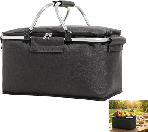 Einkaufskorb,Einkaufskorb Faltbar,Thermo Als Picknickkorb, Kühlbox Tragbare Mit Gepolsterten Griffen,Tragekorb, Für Reisen, Picknick, Einkaufen,18 Liter,1 Stück(Schwarz)