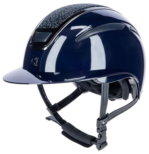 Covalliero Elite Polo Casque d'équitation pour femme et enfant Bleu laqué Tour de tête 56-58 cm Résistant aux chocs avec visière polo Avec système de ventilation Avec système de disque