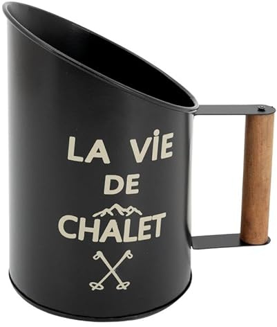 Pelle à Granulés Pellets De Bois Décorative en Métal Noir avec Poignée en Bois, Design Vie de Chalet Montagne et Ski, 13 x 13 x 20 cm