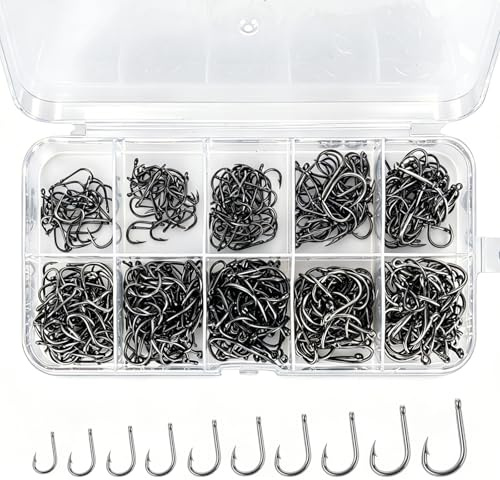 Hbzunt 500 pièces de hameçons en acier au carbone, ensemble de hameçons en 10 tailles avec crochet et boîtier en plastique, accessoires de pêche de 3# à 12#