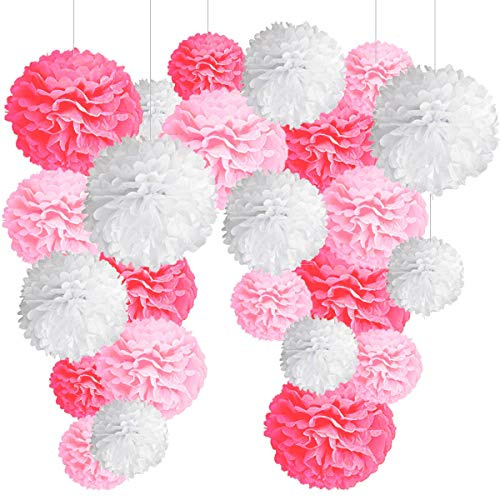 24 Pompones Rosa Decoracion Bautizo Niña, Flores Pompom de Papel de Seda. Decoración Fiesta de Bienvenida de Bebe, Cumpleaños y Boda -24 Piezas-