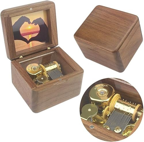 Sinzyo Natural Wooden Music Box with Customizable Photos Wind Up Musical Box Gifts for Christmas,Birthday and Valentine's Day(Simple Walnut, Tone:Can't Help Falling in Love)