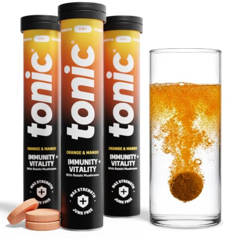 Tonic Health Immunity & Vitality Tablets - 4-in-1 Effervescent Multivitamins and Nutrients - Vitamin D, Vitamin C and Zinc - Vegan, No Sugar- Max Strength Tablets, Orange & Mango, 60 Count