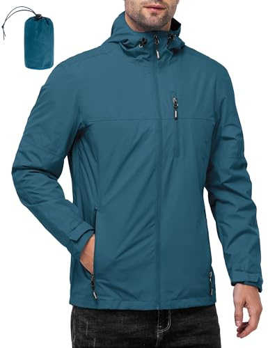 Outdoor Ventures Men's Waterproof Jacket Lightweight Windproof Rain Coats | 10000mm Packable Windbreaker, Mesh Lining, Breathable Armpits, Hooded, Reflective Jacket for Running Camping Fishing