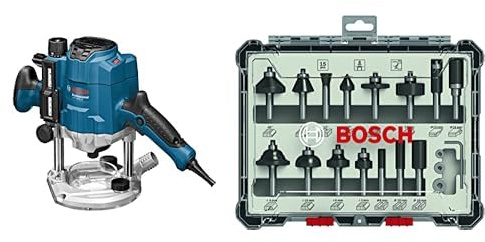 Bosch Professional 0601626000 Défonceuse GOF CE 1250 W 10000-24000 tours/min + 15 pièces Kit de Fraises Mixtes (pour Bois, Ø 8 mm Queue, Accessoires pour Défonceuses Portatives, Affleureuses)