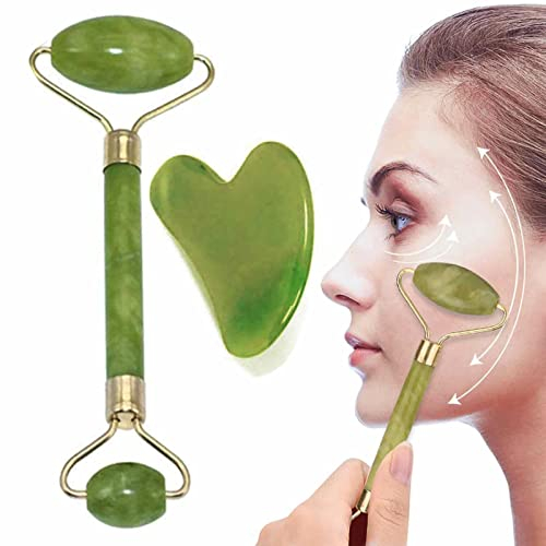 Firulab Jade Roller und Sha - Grüner Jade-Roller für das Gesicht | Gesichtsmassagegerät Gesichtsschönheitswerkzeuge Gesichtsroller Muskelentspannendes Naturstein-Gesichtsmassagegerät