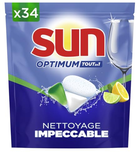 SUN - Optimum Pastilles Lave-Vaisselle Tout en 1 - 34 capsules - Citron - nettoyage impeccable - brillance éclatante - tablettes avec action dégraissante