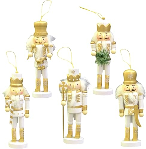 5Pcs Wooden Christmas Nutcracker Soldier Ornaments Gold,13cm Nutcracker Soldier Mini Figures Christmas Tree Decorations,Xmas Nutcracker King Hanging Ornaments for Traditional Christmas Tree Decoration